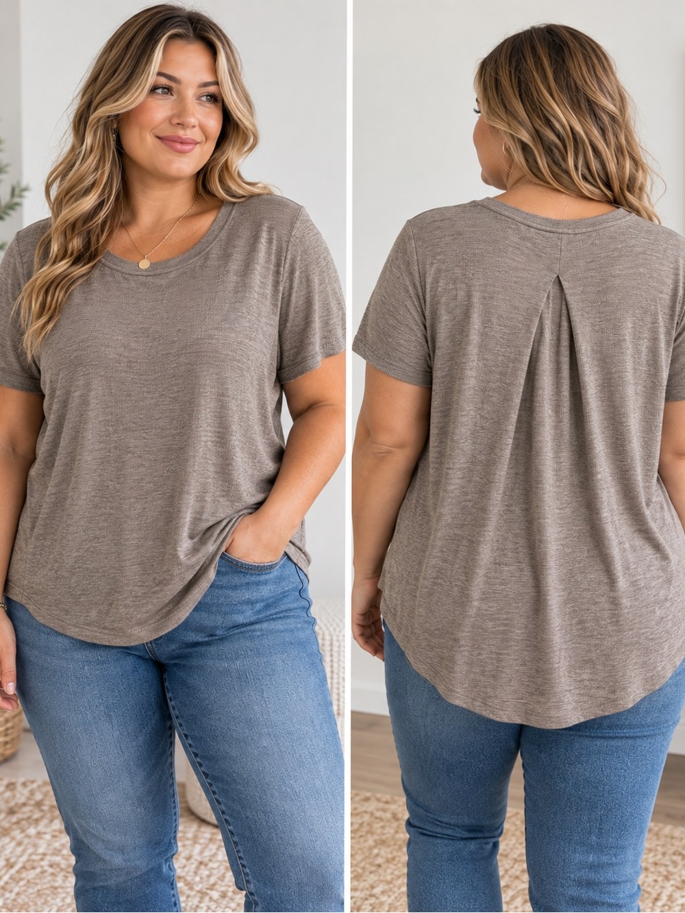 Athleta XL Heather Taupe Ribbed Modal Back Pleat Short Sleeve Top